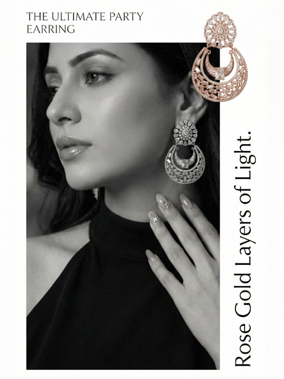 Rose Gold Finish Stylish CZ Studded Chandbali Drop Earrings for Women and Girls, Floral Top Motif Party, Wedding Jewellery, Sparkling Statement Dangle Western Earrings for Festive-01