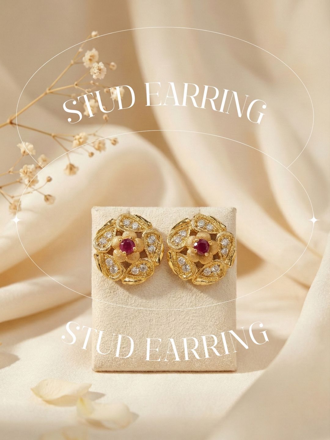 Gold Plated Floral & Geometric CZ Stud Earrings for Women, Ruby Centre Stone with Sparkling CZ Accents, Ethnic Traditional Party Jewellery, Lightweight Everyday Small Office Earring-05