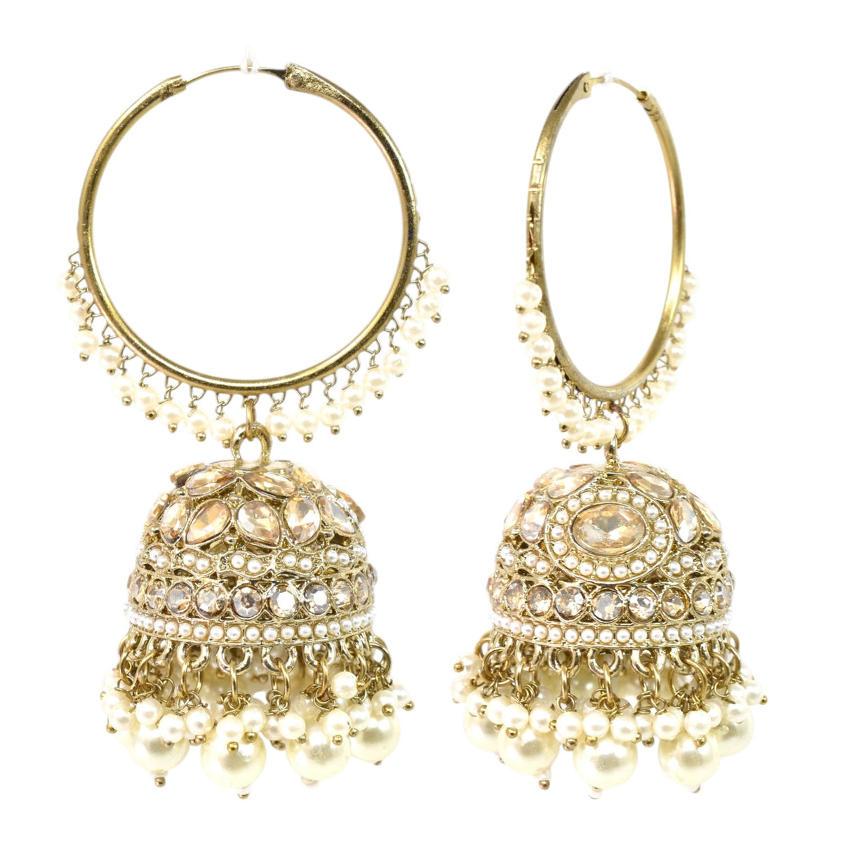 Gold Plated Traditional Bali Jhumka Hoop Earrings with Pearl Drops for Women Kundan Dome Jhumki with Beaded Pearl, Festive Wedding Party Statement Earrings, Indian Ethnic Jewellery-04