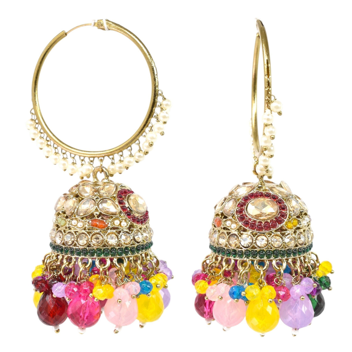 Gold Plated Multicolor Beaded Bali Jhumka Hoop Earrings for Women, Traditional Kundan Jhumki with Colorful Drops, Ethnic Festive Wedding Party Statement Earrings, Indian Jewellery-04