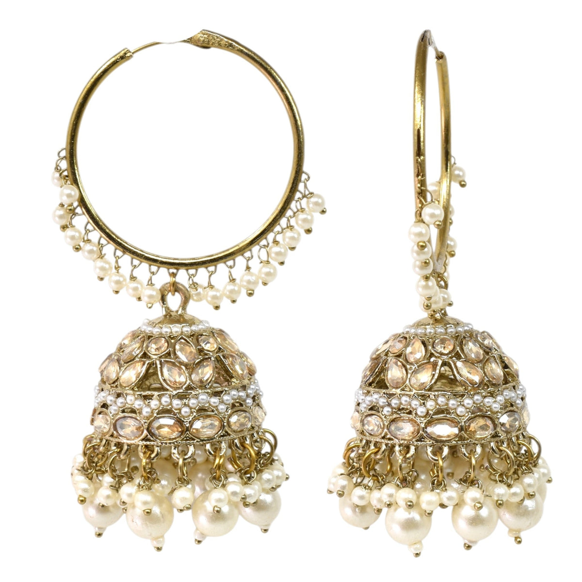 Gold Plated Traditional Bali Jhumka Hoop Earrings with Pearl Drops for Women Kundan Dome Jhumki with Beaded Pearl, Festive Wedding Party Statement Earrings, Indian Ethnic Jewellery-06