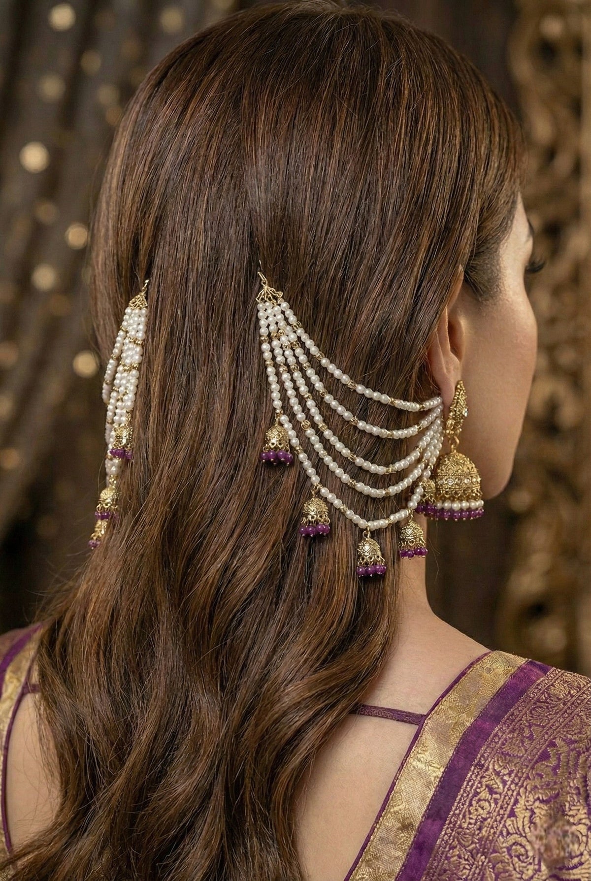 Traditional Pearl Ear Chain with Beaded Jhumki Drops, Multi-Layer Kaan Chain, Bridal Jewellery, Premium Gold Plated Indian Ethnic Hair to Ear Accessory for Wedding, Festive & Party-07