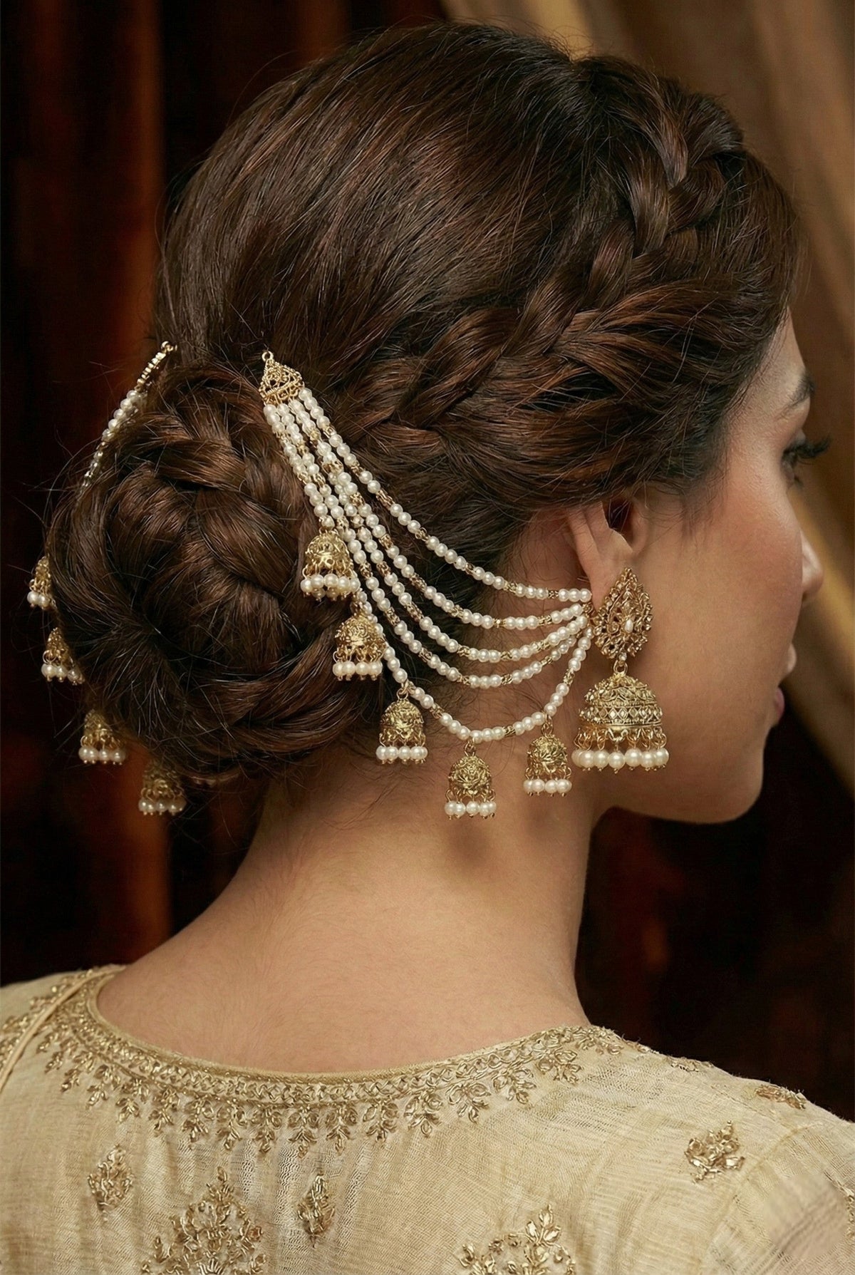 Traditional Pearl Ear Chain with Beaded Jhumki Drops, Multi-Layer Kaan Chain, Bridal Jewellery, Premium Gold Plated Indian Ethnic Hair to Ear Accessory for Wedding, Festive & Party-08