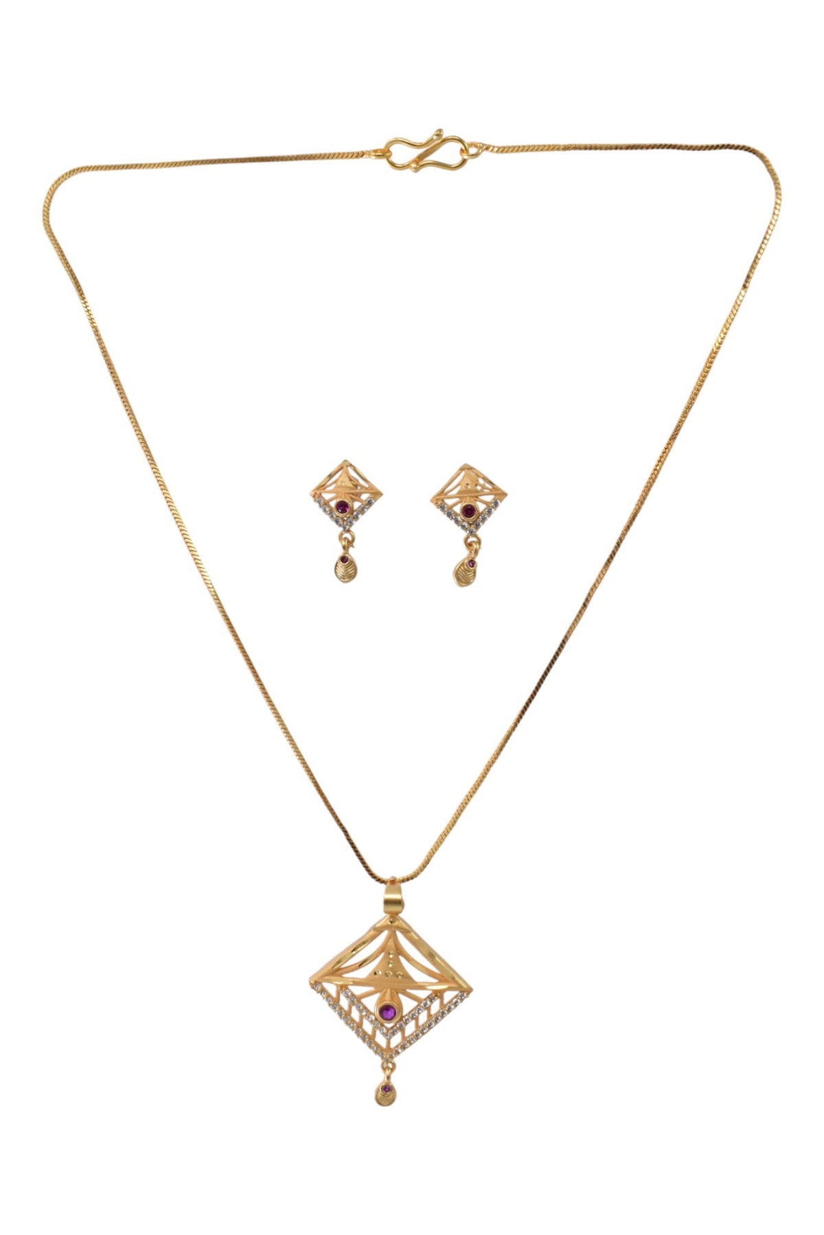 Gold Plated Stone Studded Pendant Necklace with Pink Center Accent for Women, Lightweight Party Jewellery for Festive, Wedding, Evening and Daily Styling with Premium Finish Chain-02