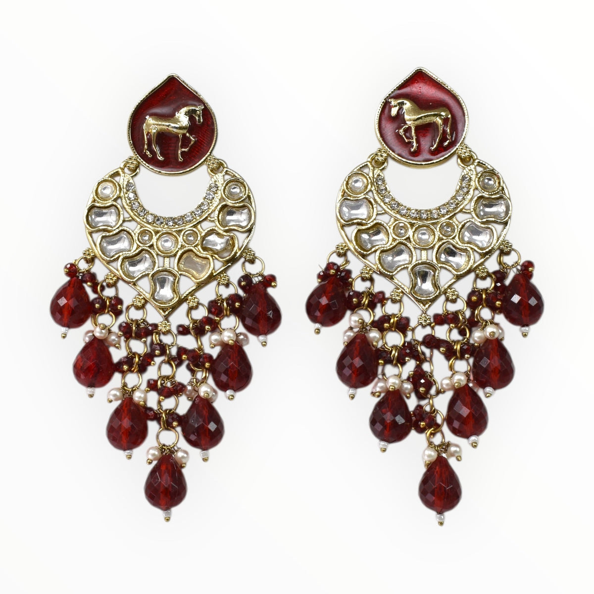 Gold Plated Traditional Kundan Drop Earrings for Women, Statement Chandbali Style Earrings with Stone Work and Beaded Dangling Drops, Festive Wedding Party Long Dangler Earrings-04