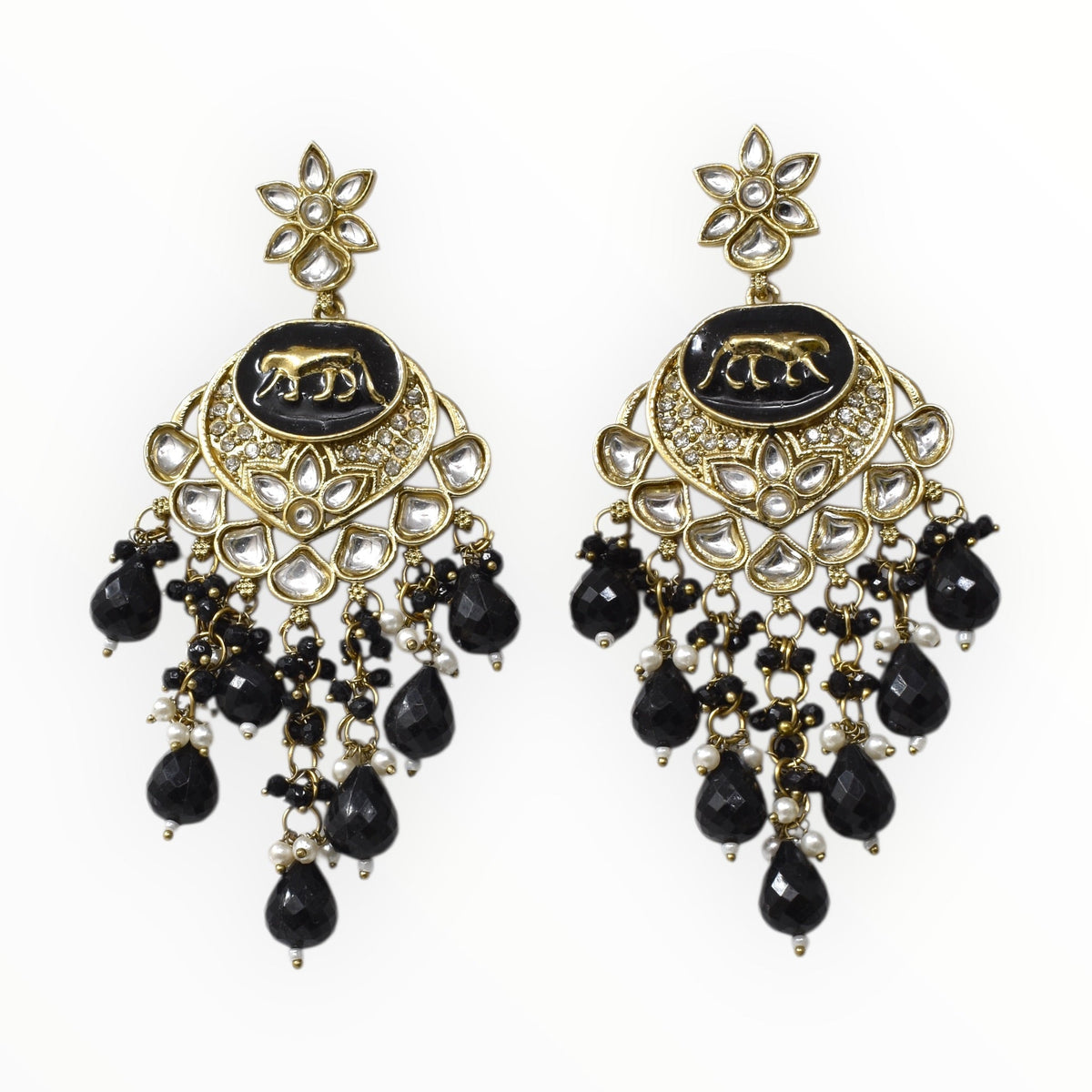 Gold Plated Traditional Kundan Drop Earrings for Women, Statement Chandbali Style Earrings with Stone Work and Beaded Dangling Drops, Festive Wedding Party Long Dangler Earrings-08