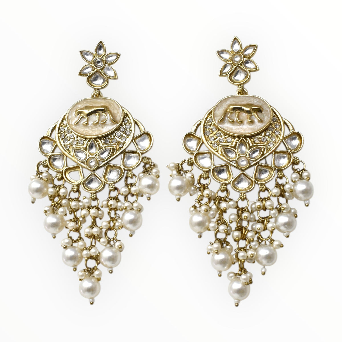 Gold Plated Traditional Kundan Drop Earrings for Women, Statement Chandbali Style Earrings with Stone Work and Beaded Dangling Drops, Festive Wedding Party Long Dangler Earrings-09