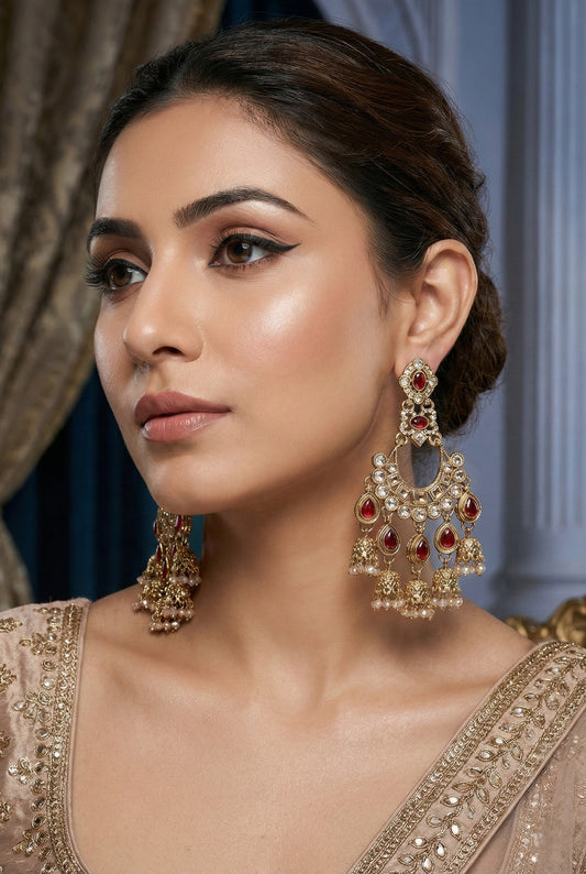Gold Plated, Premium Polki Style Chandbali Jhumka Earrings for Women, Traditional Bridal Ethnic Dangling Earring with Kundan & Heavy Long Earring, Wedding Festive Party Statement Luxury Jewellery-03