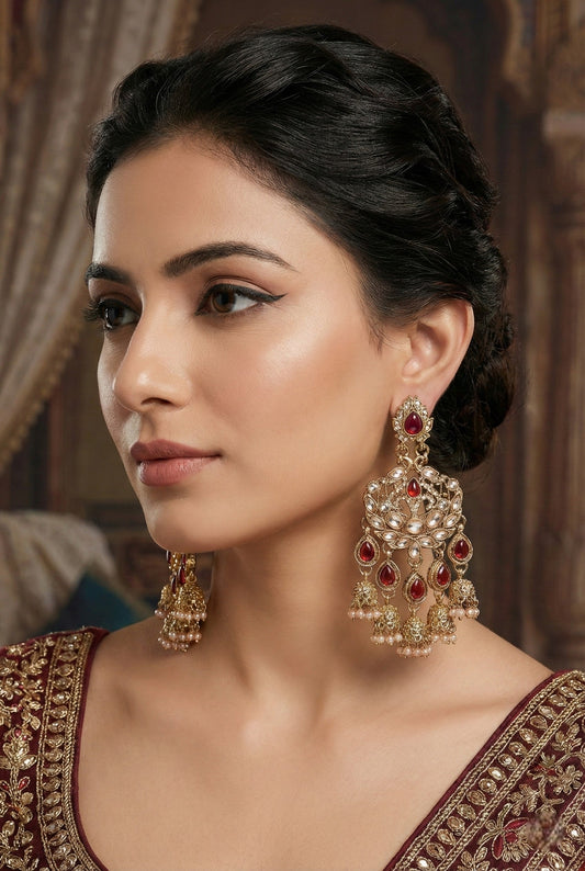 Gold Plated, Premium Polki Style Chandbali Jhumka Earrings for Women, Traditional Bridal Ethnic Dangling Earring with Kundan & Heavy Long Earring, Wedding Festive Party Statement Luxury Jewellery-05