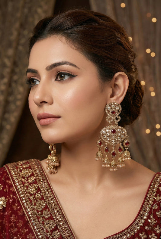 Gold Plated, Premium Polki Style Chandbali Jhumka Earrings for Women, Traditional Bridal Ethnic Dangling Earring with Kundan & Heavy Long Earring, Wedding Festive Party Statement Luxury Jewellery-07