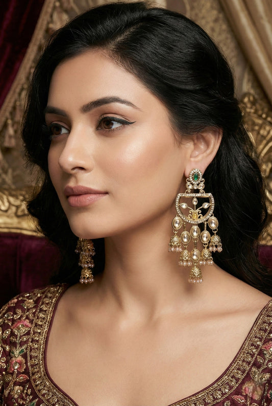 Gold Plated, Premium Multi Stylish Chandbali Jhumka Earrings for Women, Traditional Bridal Ethnic Dangling Earring with Kundan & Heavy Long Earring, Wedding Festive Party Statement Luxury Jewellery-13