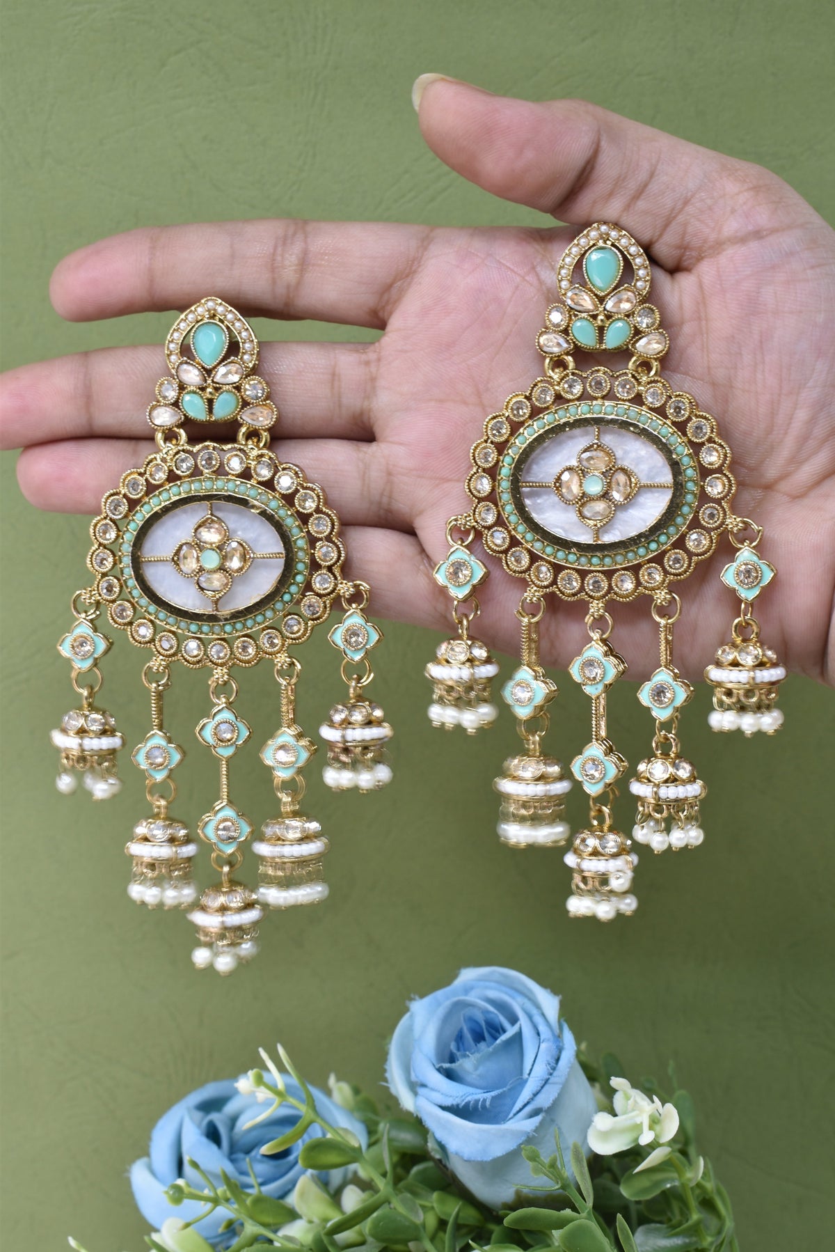 Partywear-earrings,chandeliar,partywear,Kashmiri earring-EAR-HDB-E494-GRN