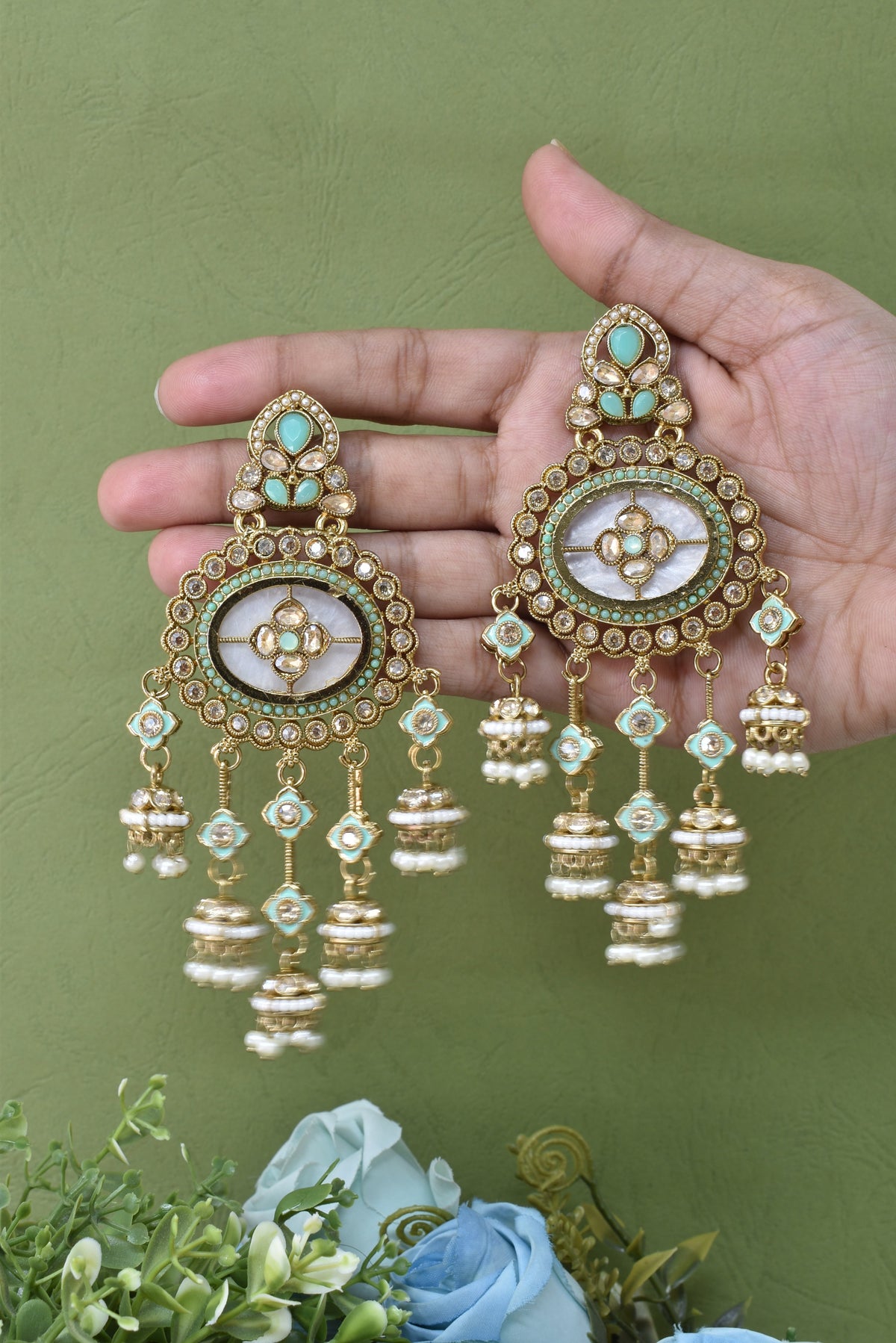 Partywear-earrings,chandeliar,partywear,Kashmiri earring-EAR-HDB-E494-TRQS