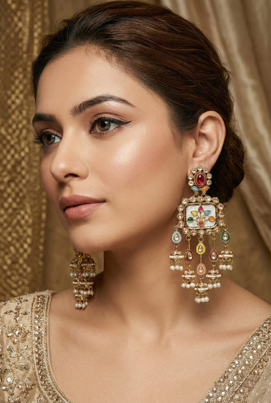 Gold Plated, Premium Multi Stylish Chandbali Jhumka Earrings for Women, Traditional Bridal Ethnic Dangling Earring with Kundan & Heavy Long Earring, Wedding Festive Party Statement Luxury Jewellery-18