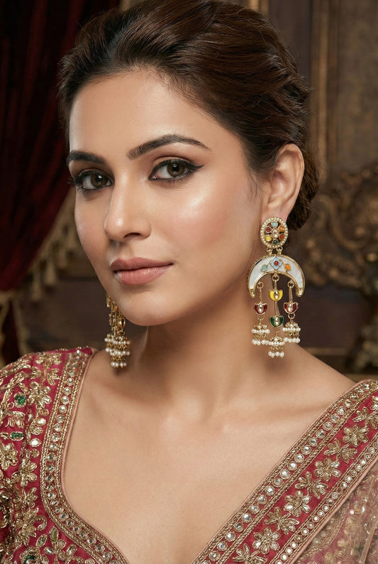 Gold Plated, Premium Multi Stylish Chandbali Jhumka Earrings for Women, Traditional Bridal Ethnic Dangling Earring with Kundan & Heavy Long Earring, Wedding Festive Party Statement Luxury Jewellery-19