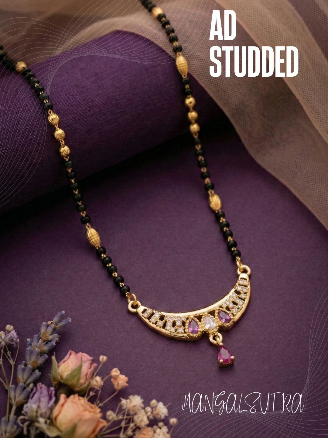 Traditional Gold-Toned Black Beaded Stylish Mangalsutra for Women Studded with Sparkling AD and Ruby Red Stones, Perfect for Daily and Office Ethnic Festive Jewellery Neckpiece-01