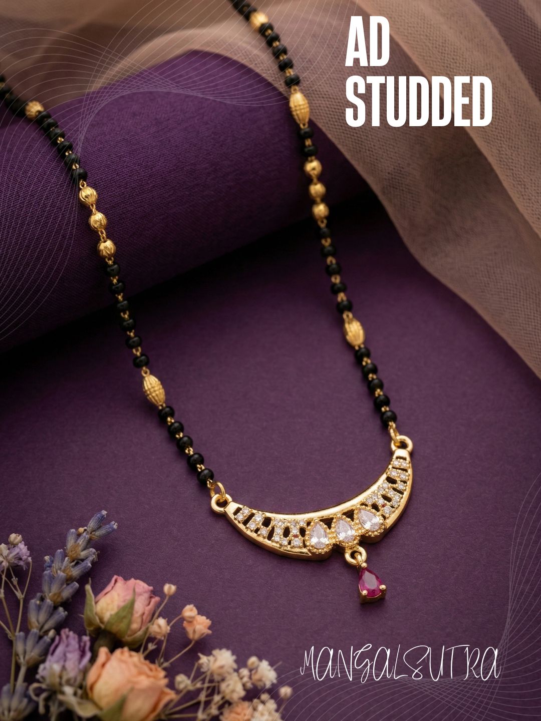 Traditional Gold-Toned Black Beaded Stylish Mangalsutra for Women Studded with Sparkling AD and Ruby Red Stones, Perfect for Daily and Office Ethnic Festive Jewellery Neckpiece-02