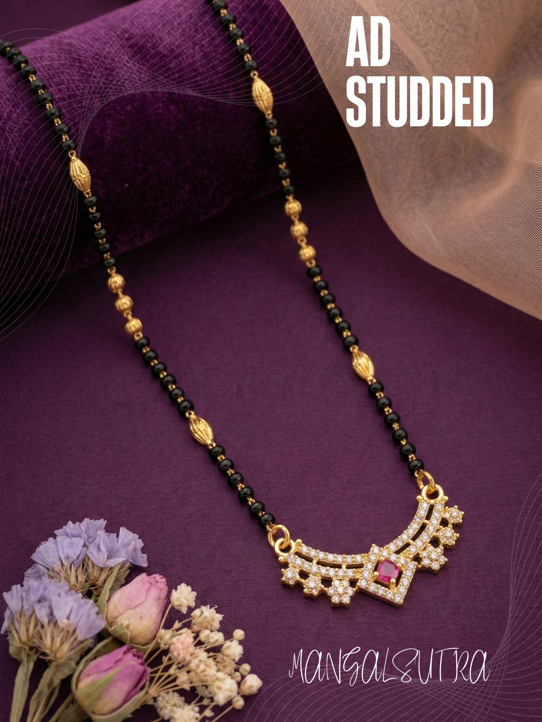 Traditional Gold-Toned Black Beaded Stylish Mangalsutra for Women Studded with Sparkling AD and Ruby Red Stones, Perfect for Daily and Office Ethnic Festive Jewellery Neckpiece-07