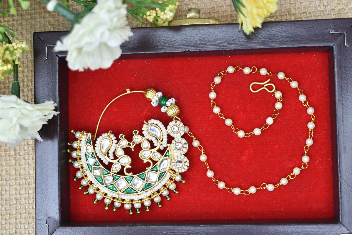 Traditional Goldplated Heavy Designer Meenakari kundan stone perl studded Bridal Big royal rajwadi rajputi big nath with chain
