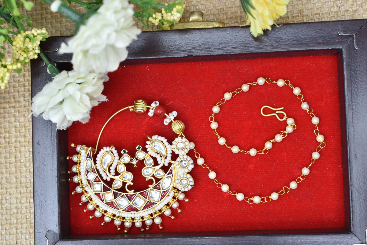 Traditional Goldplated Heavy Designer Meenakari kundan stone perl studded Bridal Big royal rajwadi rajputi big nath with chain