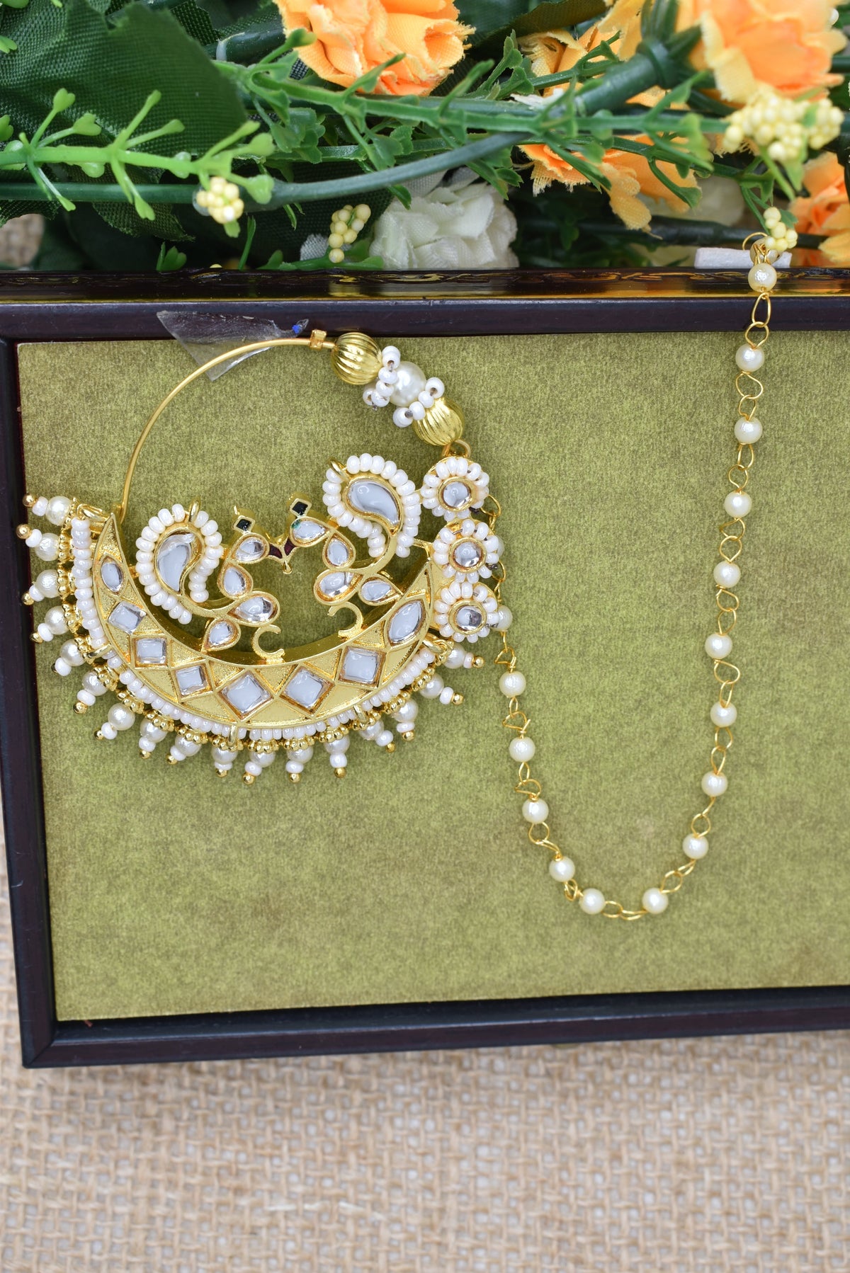 Traditional Goldplated Heavy Designer Meenakari kundan stone perl studded Bridal Big royal rajwadi rajputi big nath with chain