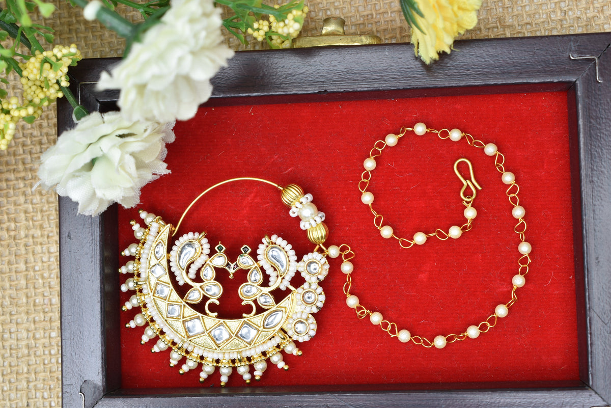 Traditional Goldplated Heavy Designer Meenakari kundan stone perl studded Bridal Big royal rajwadi rajputi big nath with chain