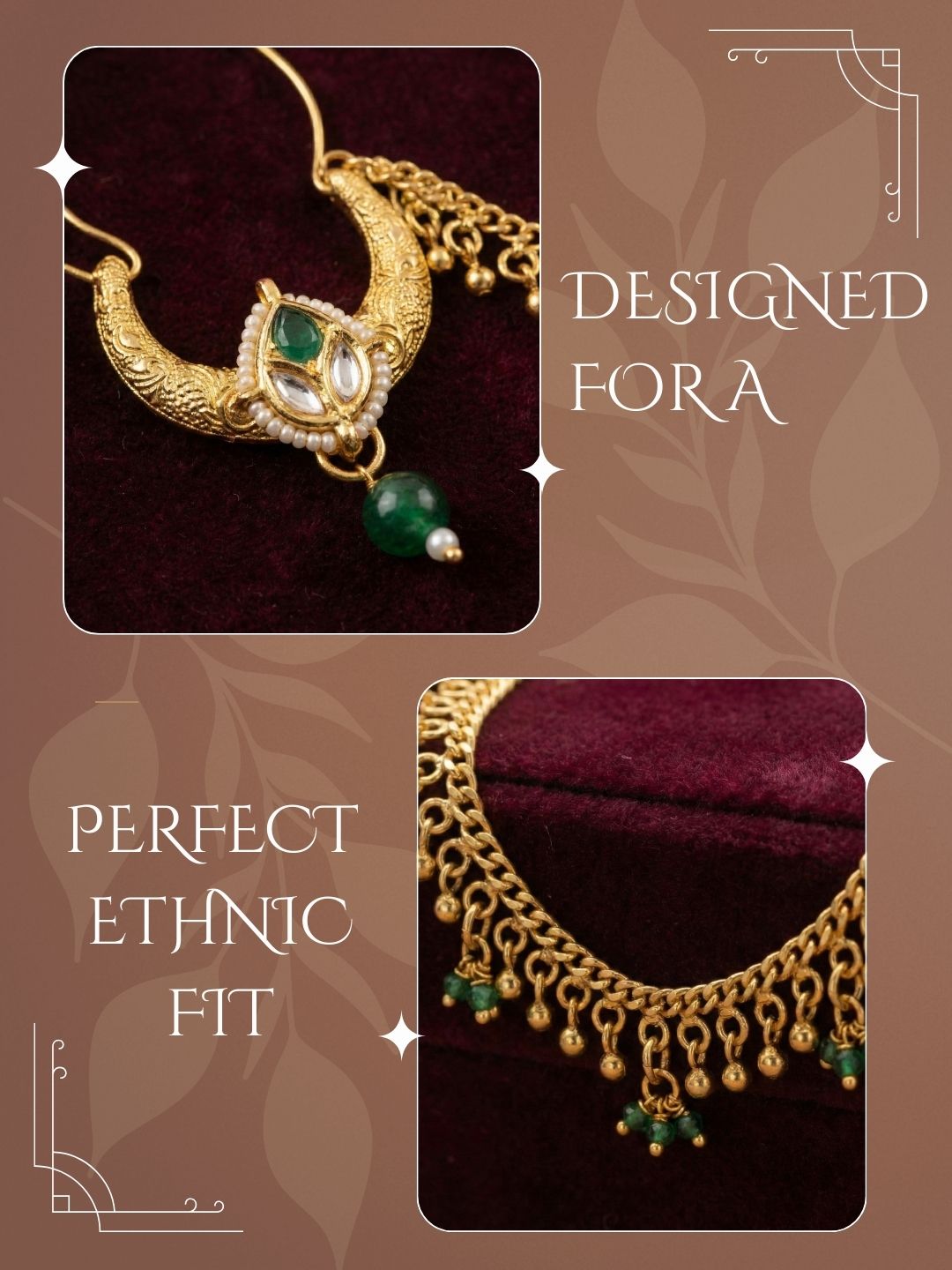 Traditional Bridal Nath with Chain for Women, Nose Ring with Green Stone, Kundan & Bead Drop, Ethnic Maharashtrian Style Nose Accessory for Wedding, Festive, Party & Cultural Jewellery
