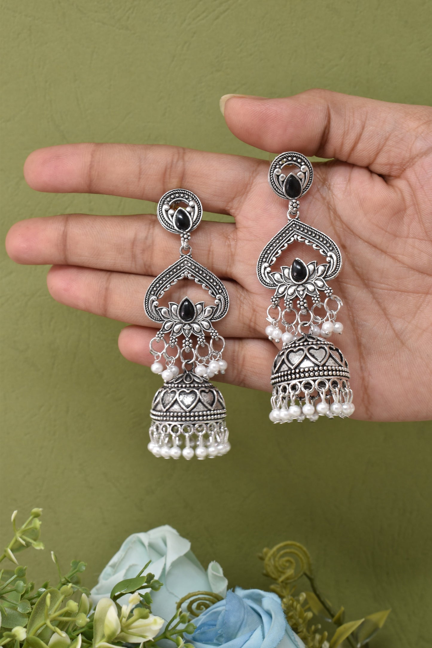 Partywear-earrings,chandeliar,partywear,Kashmiri earringOXOJMK-JRV-3STP-LOTUS-BLK