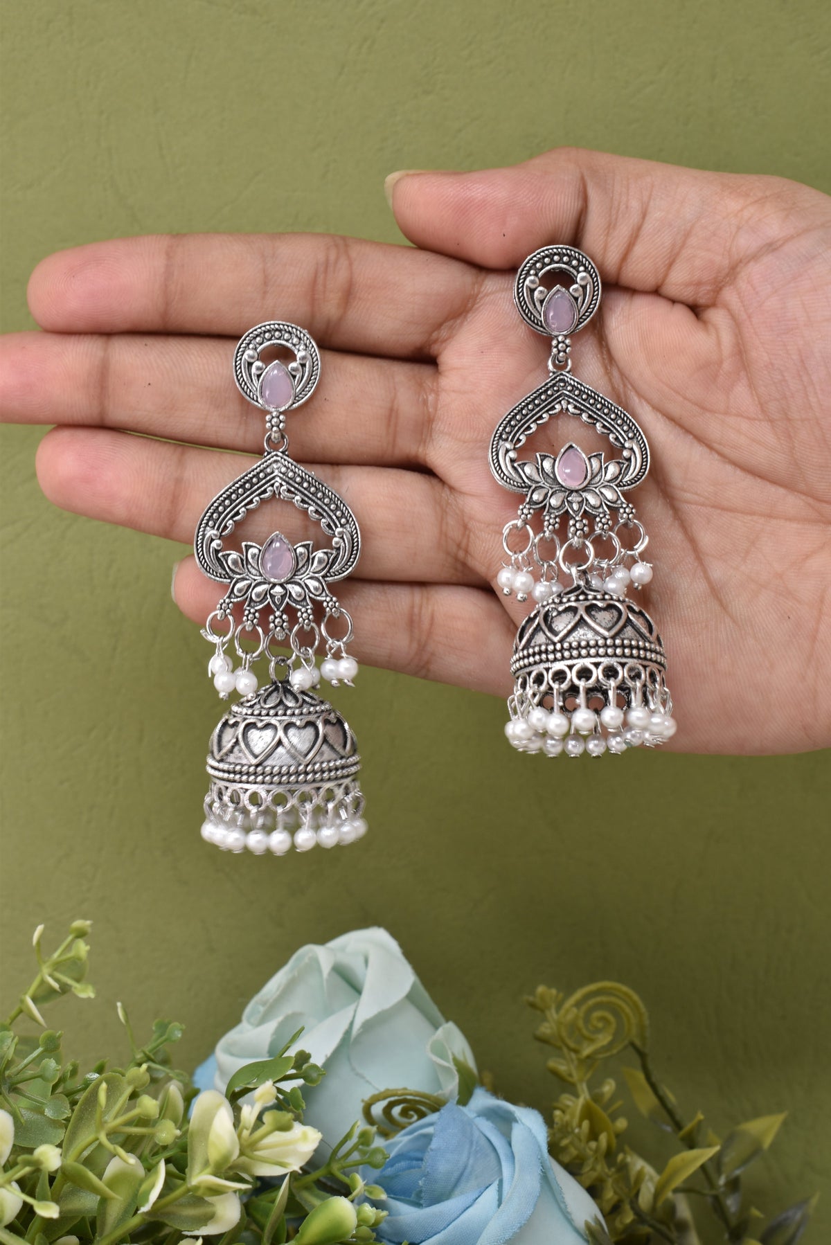 Partywear-earrings,chandeliar,partywear,Kashmiri earring,JHUMAR-OXOJMK-JRV-3STP-LOTUS-LVDR