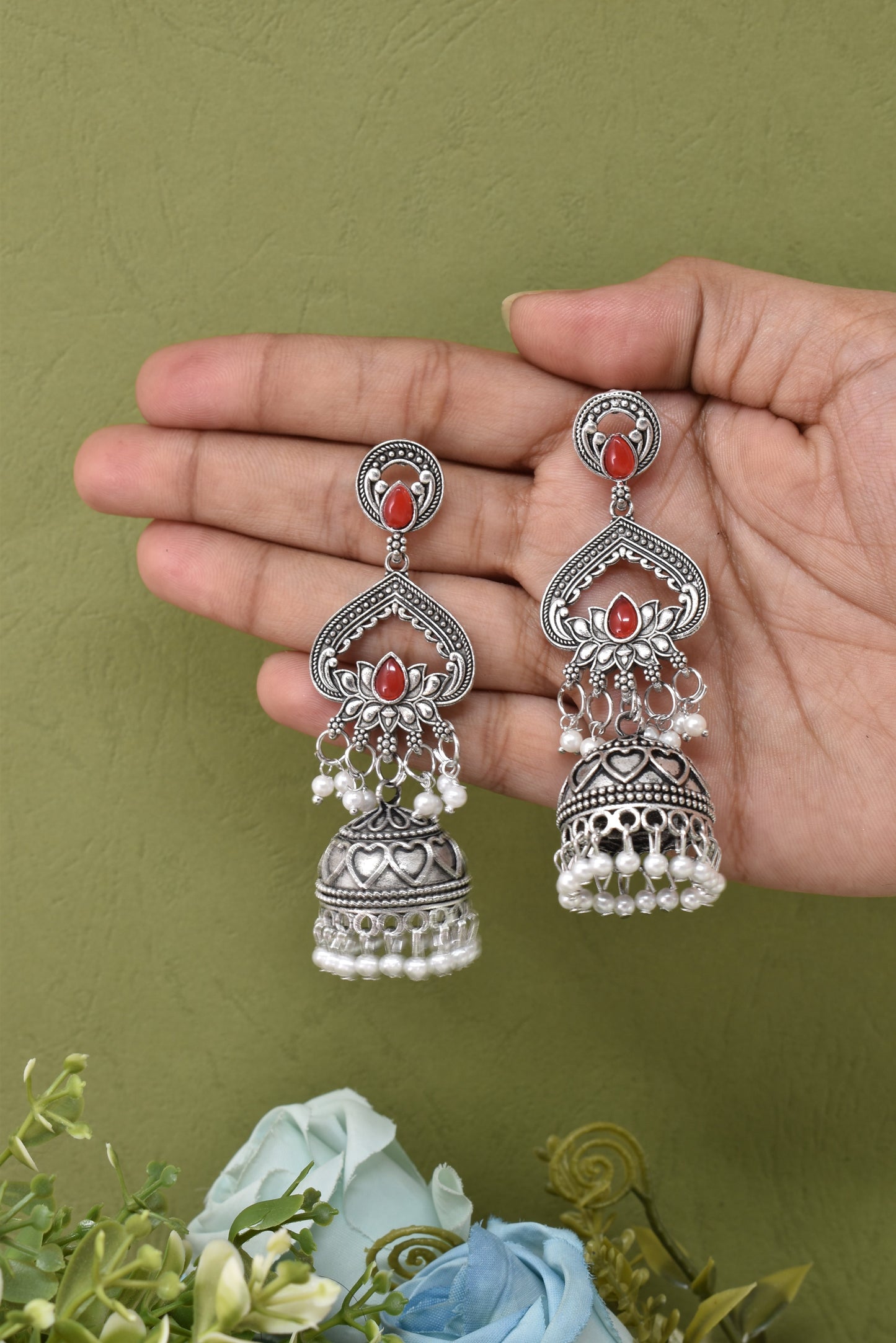 Partywear-earrings,chandeliar,partywear,Kashmiri earring,JHUMAR-OXOJMK-JRV-3STP-LOTUS-RED