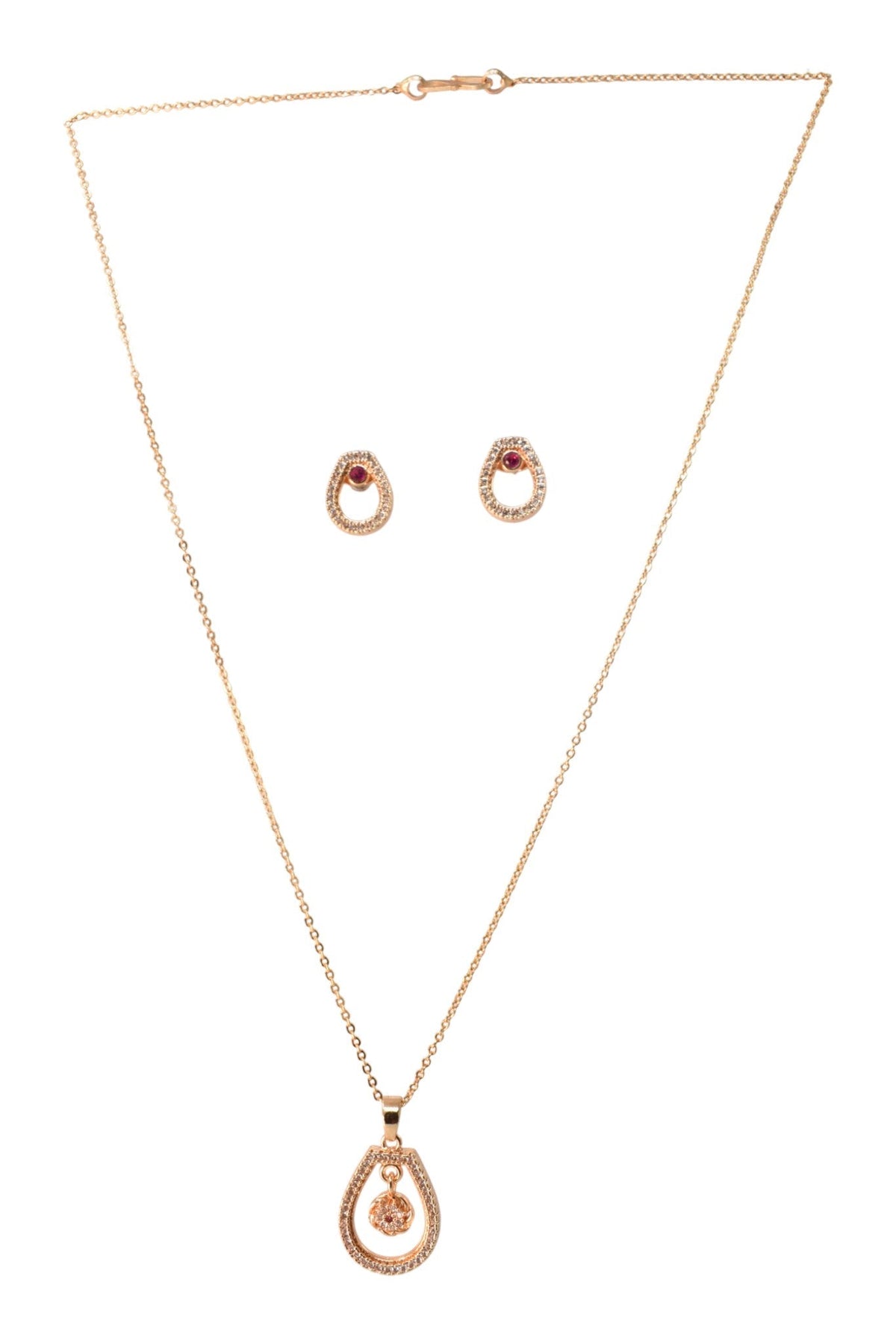 Rose Gold Plated Stone Studded Pendant Necklace with Pink Center Accent for Women, Lightweight Party Jewellery for Festive, Wedding, Evening, Daily Styling with Premium Finish Chain-01