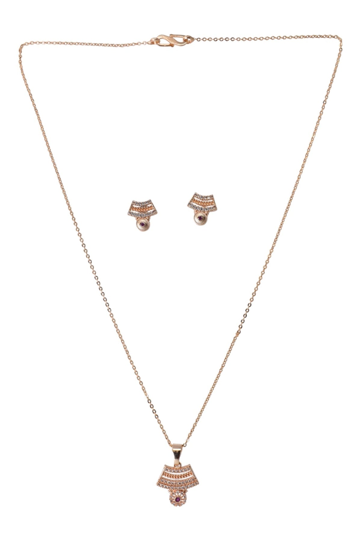 Rose Gold Plated Stone Studded Pendant Necklace with Pink Center Accent for Women, Lightweight Party Jewellery for Festive, Wedding, Evening, Daily Styling with Premium Finish Chain-09