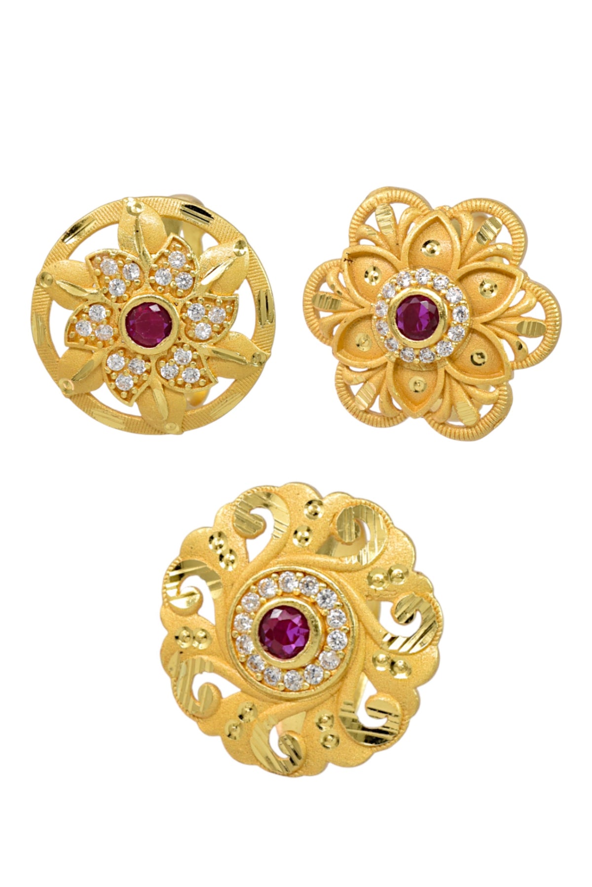Combo set of 3-Bridal Floral AD Ring with Ruby Center Stone