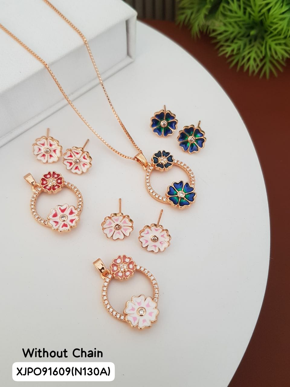 AD Rose Gold Anti Tarnish pendal_set (a) with OR without chain (B) COLOR RED, PINK OR BLUE N130A