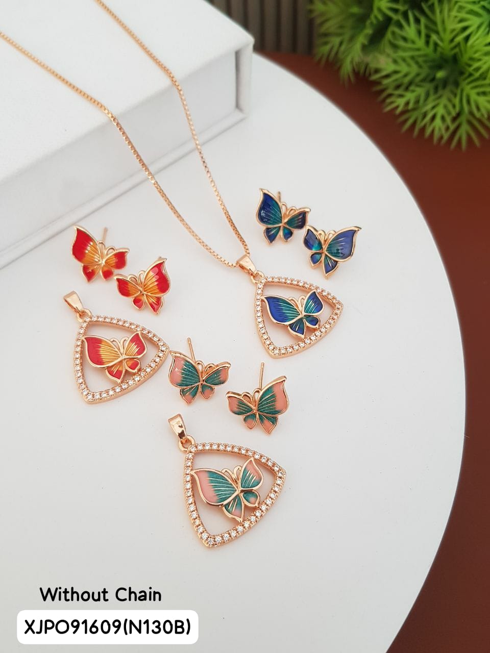 AD Rose Gold Anti Tarnish pendal_set (a) with OR without chain (B) COLOR RED, PINK OR BLUE N130B