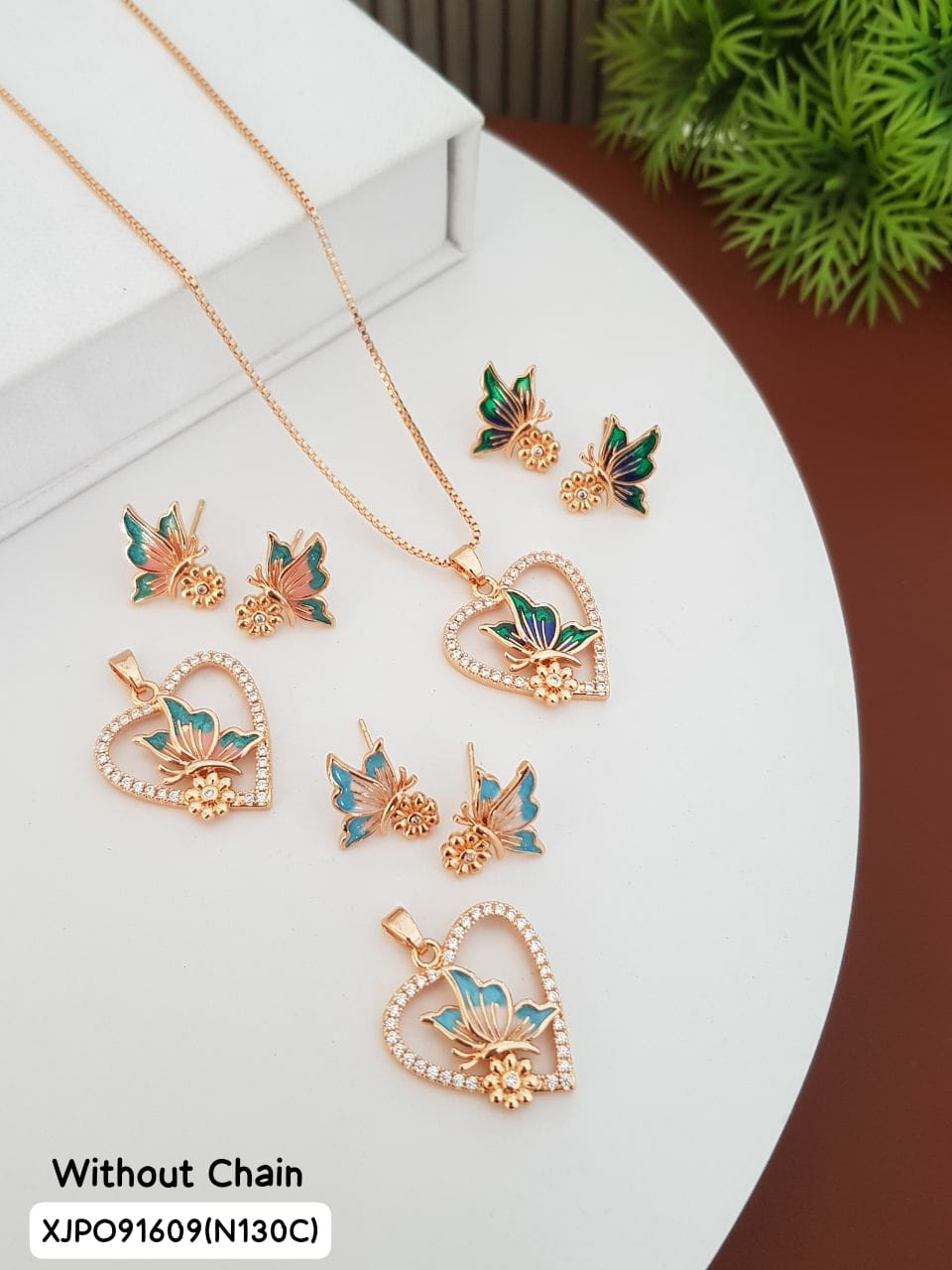 AD Rose Gold Anti Tarnish pendal_set (a) with OR without chain (B) COLOR RED, PINK OR BLUE N130C