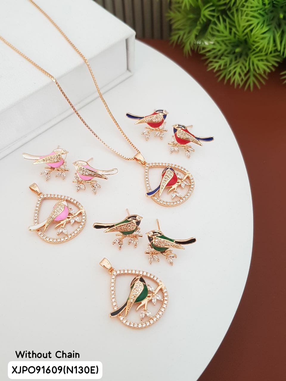 AD Rose Gold Anti Tarnish pendal_set (a) with OR without chain (B) COLOR RED, PINK OR BLUE N130E