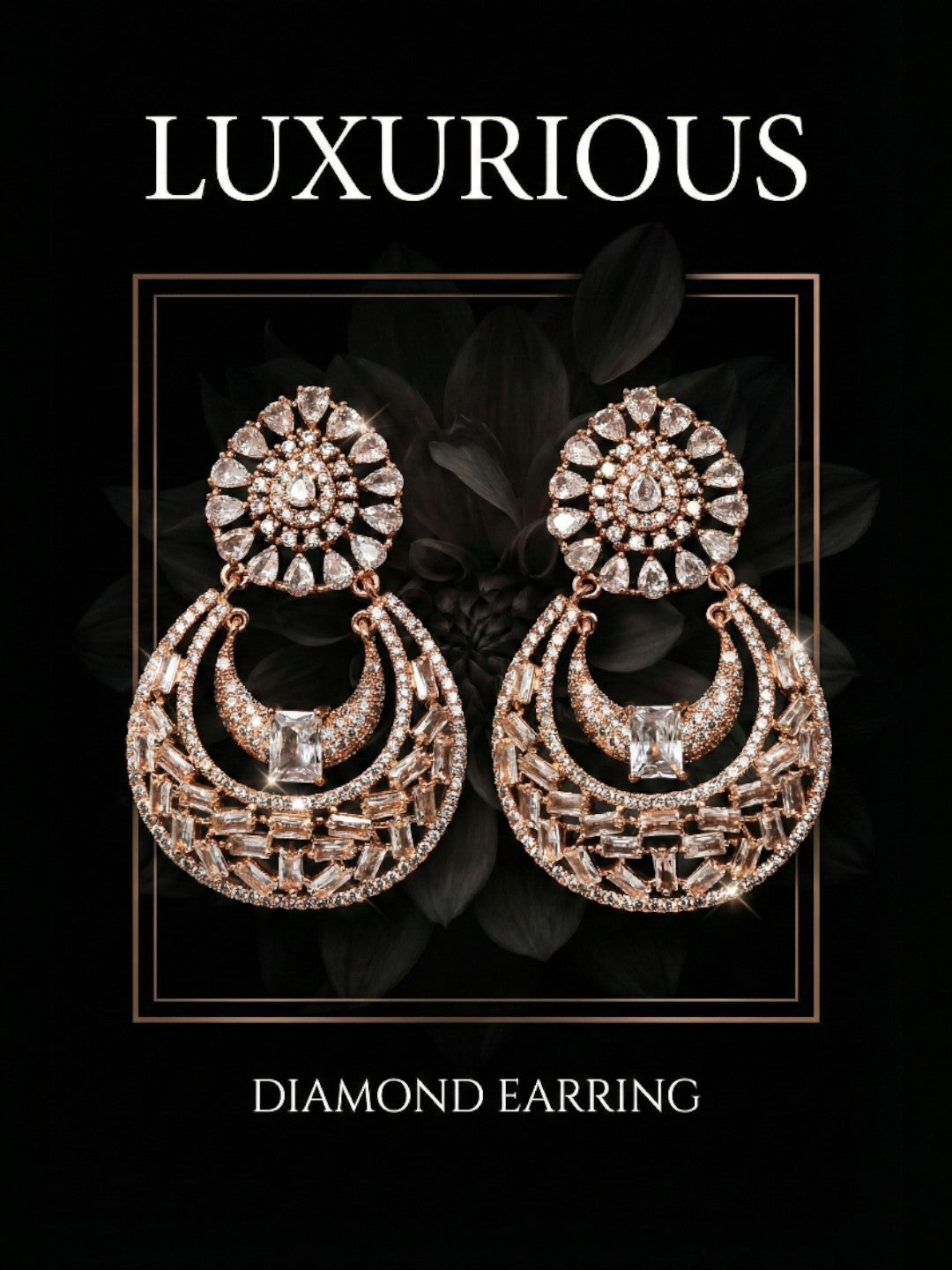 Rose Gold Finish Stylish CZ Studded Chandbali Drop Earrings for Women and Girls, Floral Top Motif Party, Wedding Jewellery, Sparkling Statement Dangle Western Earrings for Festive-01