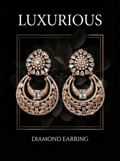 Rose Gold Finish Stylish CZ Studded Chandbali Drop Earrings for Women and Girls, Floral Top Motif Party, Wedding Jewellery, Sparkling Statement Dangle Western Earrings for Festive-01