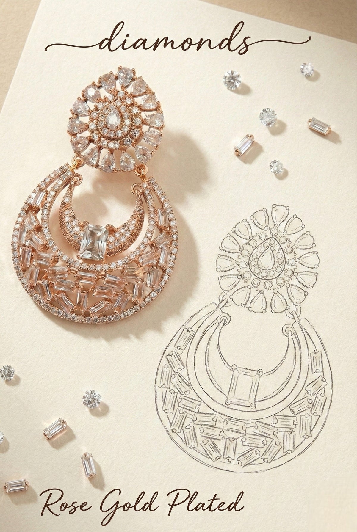 Rose Gold Finish Stylish CZ Studded Chandbali Drop Earrings for Women and Girls, Floral Top Motif Party, Wedding Jewellery, Sparkling Statement Dangle Western Earrings for Festive-01