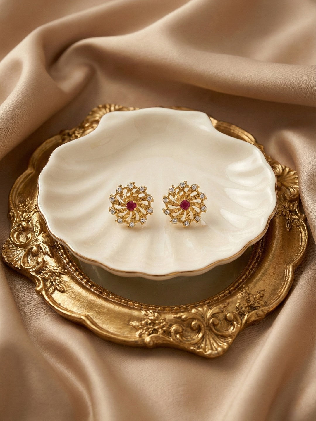 Gold Plated Floral & Geometric CZ Stud Earrings for Women, Ruby Centre Stone with Sparkling CZ Accents, Ethnic Traditional Party Jewellery, Lightweight Everyday Small Office Earring-01