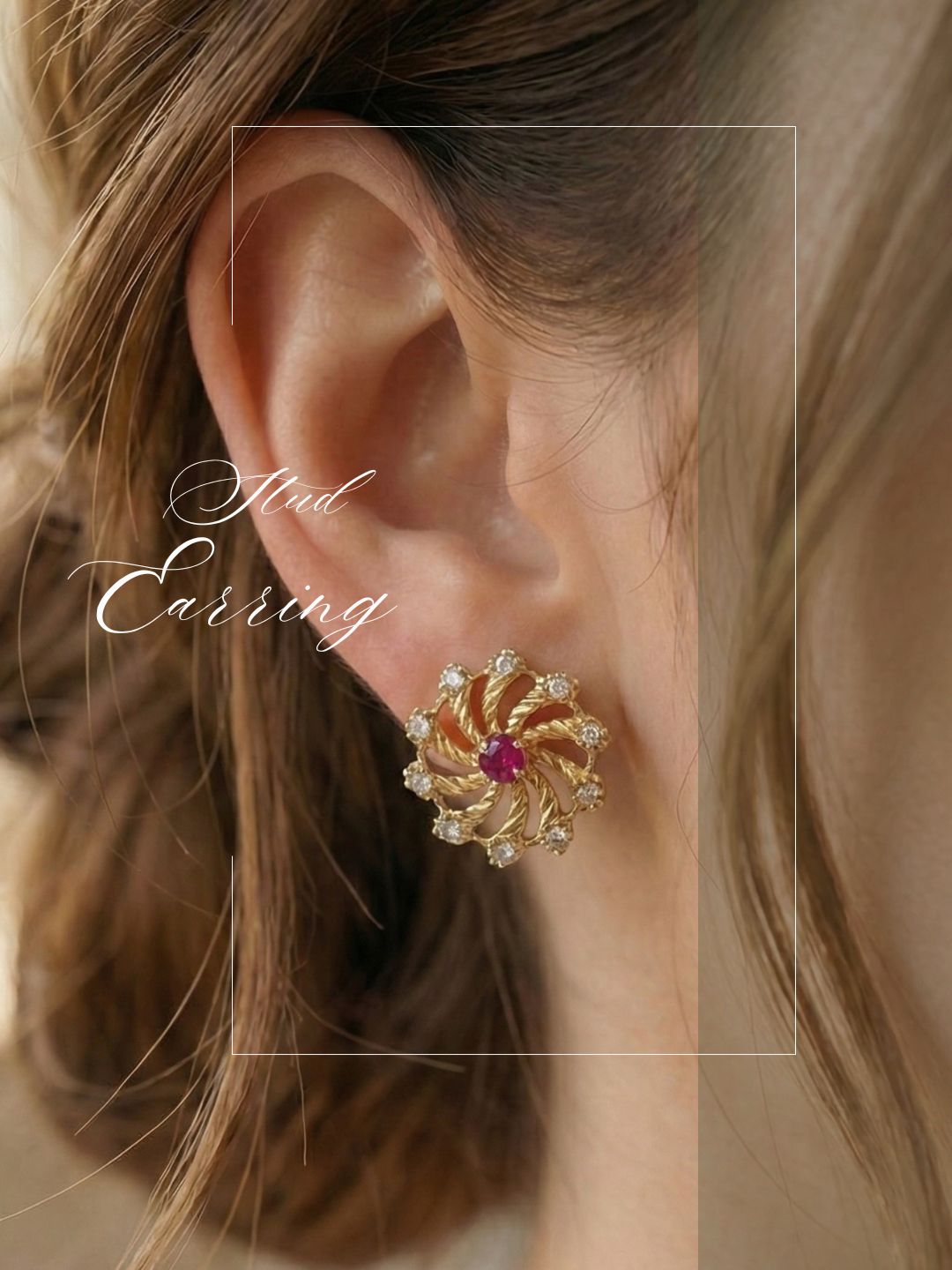 Gold Plated Floral & Geometric CZ Stud Earrings for Women, Ruby Centre Stone with Sparkling CZ Accents, Ethnic Traditional Party Jewellery, Lightweight Everyday Small Office Earring-01