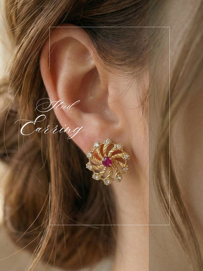 Gold Plated Floral & Geometric CZ Stud Earrings for Women, Ruby Centre Stone with Sparkling CZ Accents, Ethnic Traditional Party Jewellery, Lightweight Everyday Small Office Earring-01