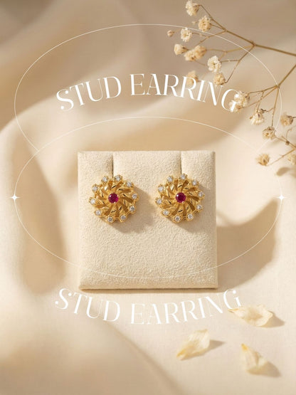 Gold Plated Floral & Geometric CZ Stud Earrings for Women, Ruby Centre Stone with Sparkling CZ Accents, Ethnic Traditional Party Jewellery, Lightweight Everyday Small Office Earring-01
