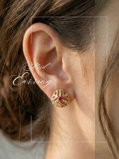 Gold Plated Floral & Geometric CZ Stud Earrings for Women, Ruby Centre Stone with Sparkling CZ Accents, Ethnic Traditional Party Jewellery, Lightweight Everyday Small Office Earring-02