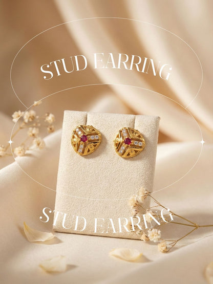 Gold Plated Floral & Geometric CZ Stud Earrings for Women, Ruby Centre Stone with Sparkling CZ Accents, Ethnic Traditional Party Jewellery, Lightweight Everyday Small Office Earring-02