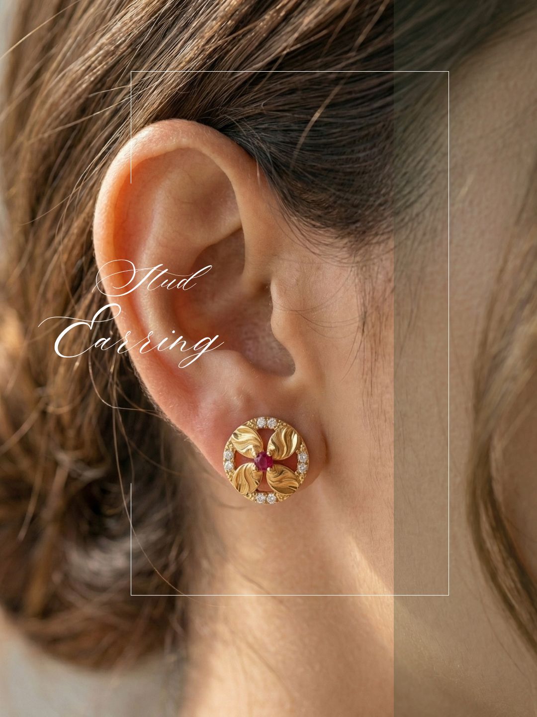 Gold Plated Floral & Geometric CZ Stud Earrings for Women, Ruby Centre Stone with Sparkling CZ Accents, Ethnic Traditional Party Jewellery, Lightweight Everyday Small Office Earring-03