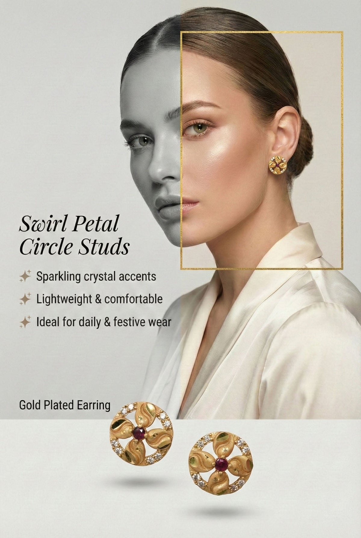 Gold Plated Floral & Geometric CZ Stud Earrings for Women, Ruby Centre Stone with Sparkling CZ Accents, Ethnic Traditional Party Jewellery, Lightweight Everyday Small Office Earring-03
