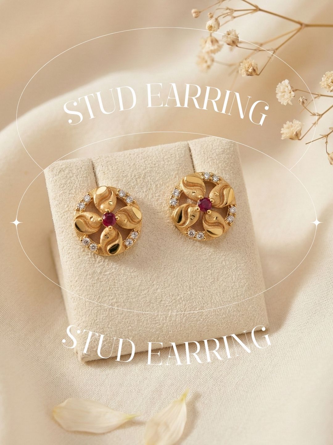 Gold Plated Floral & Geometric CZ Stud Earrings for Women, Ruby Centre Stone with Sparkling CZ Accents, Ethnic Traditional Party Jewellery, Lightweight Everyday Small Office Earring-03