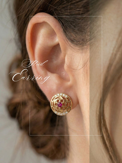 Gold Plated Floral & Geometric CZ Stud Earrings for Women, Ruby Centre Stone with Sparkling CZ Accents, Ethnic Traditional Party Jewellery, Lightweight Everyday Small Office Earring-04